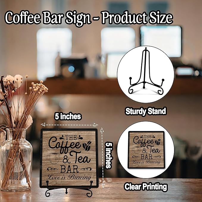 Coffee Bar Sign, Love is Brewing Farmhouse Tabletop Decor, Coffee and Tea Lover Gifts, 5x5 Wood Plaque with Iron Stand for Home Kitchen Cafe, Coffee Bar Decor – L02 - Image 2