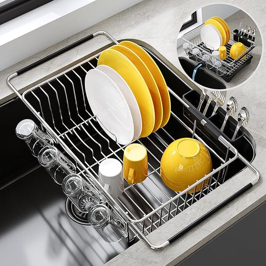 JASIWAY Dish Drying Rack in Sink, Expandable Stainless Steel Dish Drainers with Drainboard for Kitchen Counter, Space Saving Dish Dryer Rack, Over The Sink Dish Racks with Utensil Holder, Sliver by JASIWAY