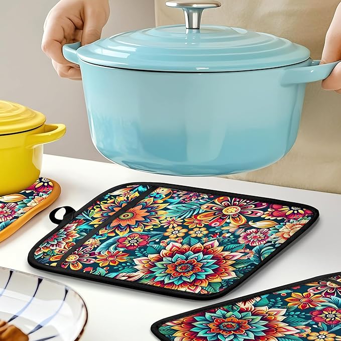 Vibrant Mandala Floral Pot Holders for Kitchen, Boho Abstract Colorful Ethnic Flower Botanical Heat Resistant Hot Pads and Oven Mitts for Baking Cooking - Image 5