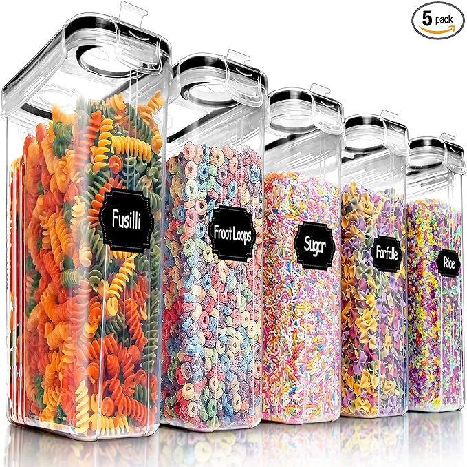 PRAKI 5PCS Cereal Containers Storage Set, BPA Free Airtight Food Storage Container Set with Lids, Kitchen Pantry Organization and Storage for Sugar, Baking Supplies with 20 Labels & Mark(4L Black) by PRAKI