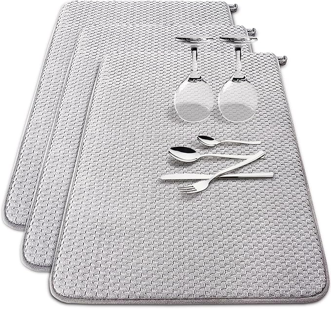 3 Pack Microfiber Dish Drying Mat,24 x 17 inch Super Absorbent Drying Pad,Large Size Dish Drying Mat for Countertops,Sinks,Draining Racks,Gray by Baaxxango