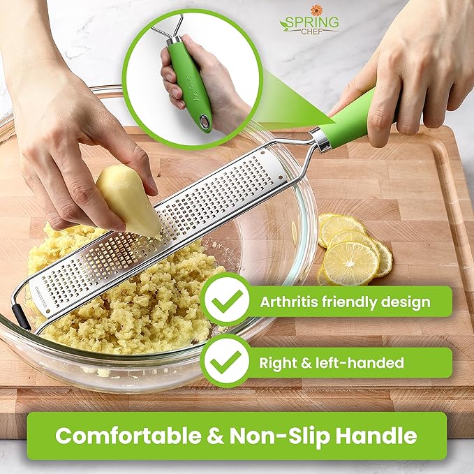 Spring Chef Stainless Steel Lemon Zester Grater with Handle - Garlic, Cheese, Parmesan, Nutmeg, Lime, Ginger Grater - Heavy Duty Kitchen Tool - Citrus Zester with Blade Cover - Fine Shred - Green