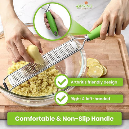Spring Chef Stainless Steel Lemon Zester Grater with Handle - Garlic, Cheese, Parmesan, Nutmeg, Lime, Ginger Grater - Heavy Duty Kitchen Tool - Citrus Zester with Blade Cover - Fine Shred - Green