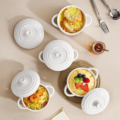 MALACASA Mini Cocotte Set - 12 OZ Small Casserole Dishes for Oven, Ramekins with Lids and Handles, Ceramic Mini Dutch Oven Set of 4, Microwave & Dishwasher Safe, Khaki White, Series TARA - Image 7