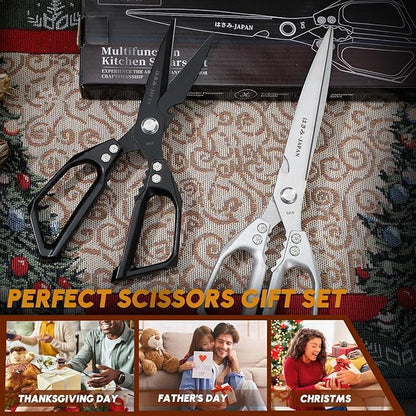 HUUSK Kitchen Scissors Set Upgraded - Stainless Steel Kitchen Shears, Sharp Meat Scissors, Heavy Duty Poultry Shear, Japanese Cooking Scissor Dishwasher for Food, Christmas Gifts for Men Women