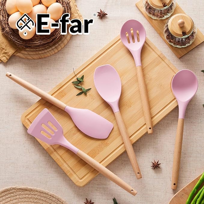 E-far Silicone Cooking Utensils Set, 5-Piece Kitchen Utensils Set with Wooden Handle for Cooking, Silicone Kitchen Nonstick Tools Spatula Turner Slotted Spoons, Nontoxic & Heat Resistant-Pink - Image 6