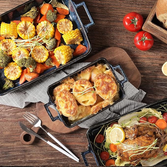 VICRAYS Ceramic Bakeware Set, Porcelain Rectangular Lasagna Pans Casserole Dish Set for Baking, Cooking, Kitchen, Cake Dinner, Banquet and Daily Use, 3 PCS, 15 x 8.5 Inches(Blue) - Image 6