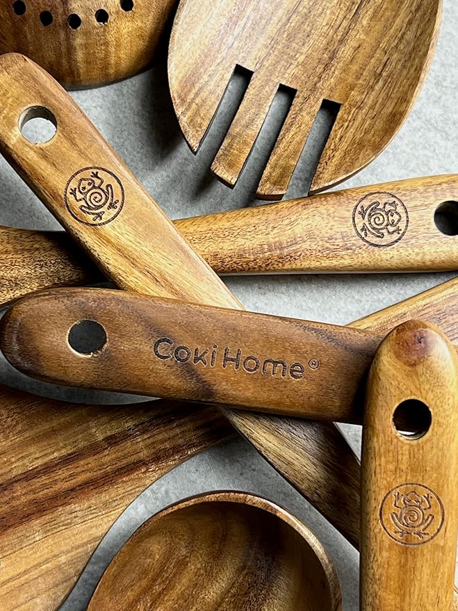 Wooden Cooking Utensils Set – Coki Home 9-Piece Teak Wood Kitchen Utensils with Holder, Nonstick Safe, Plastic-Free, Food-Safe Cooking Tools