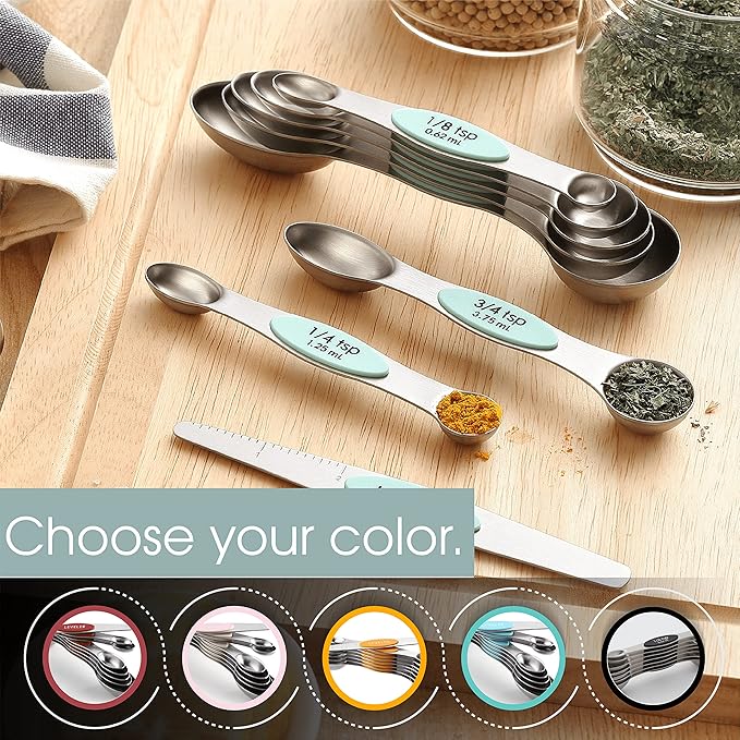 Spring Chef Stainless Steel Magnetic Measuring Spoons Set of 8 with Leveler, Metal Teaspoon & Tablespoon Measuring Spoons, Fits in Spice Jars, Kitchen Gadgets for Baking & Cooking - Set of 2 - Mint - Image 6