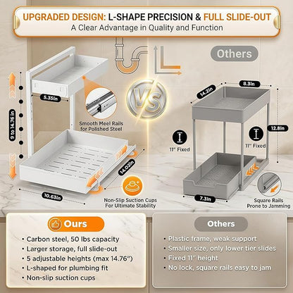 Under Sink Organizer, Bathroom Counter Organizer, 2 Packs 2-Tier Metal, Under Cabinet Storage, Makeup Storage, Adjustable Height & Slide-Out Drawer for Kitchen Bathroom, White