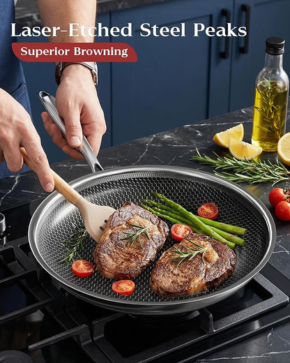 Nonstick Frying Pan with Lid 12-Inch, Durable Stainless Steel Skillet, Induction Cooktop Compatible, PFOA-Free Scratch-Proof, Dishwasher & Oven Safe, Stay-Cool Handle, Silver Kitchen Cookware - Image 3