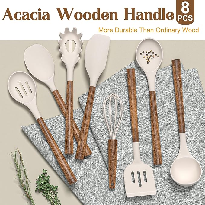 Silicone Cooking Utensil Set,Umite Chef 8-Piece Kitchen Utensils Set with Natural Acacia Wooden Handles, Silicone Kitchen Gadgets and Spatula Set for Nonstick Cookware - Khaki - Image 5
