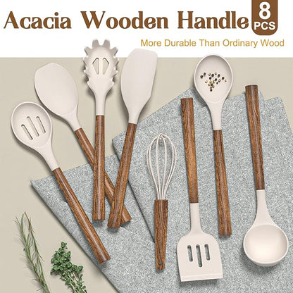 Silicone Cooking Utensil Set,Umite Chef 8-Piece Kitchen Utensils Set with Natural Acacia Wooden Handles, Silicone Kitchen Gadgets and Spatula Set for Nonstick Cookware - Khaki - Image 5