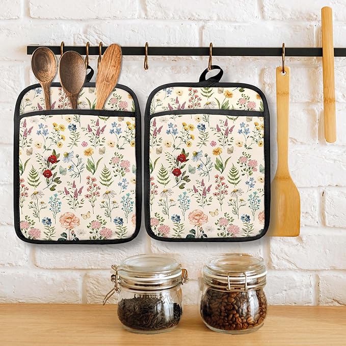 Beige Floral Botanical Pot Holders with Pockets, Rustic Cottagecore Flower Oven Pot Holders Heat Resistant Oven Mitts Hot Pads for Kitchen Baking Cooking