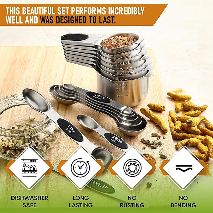 Spring Chef Magnetic Measuring Cups & Spoons Set, Patented, Strong N45 Magnets, Heavy Duty Stainless Steel Fits in Spice Jars for Baking & Cooking, BPA Free, Round Set of 15 with Leveler, Black - Image 2