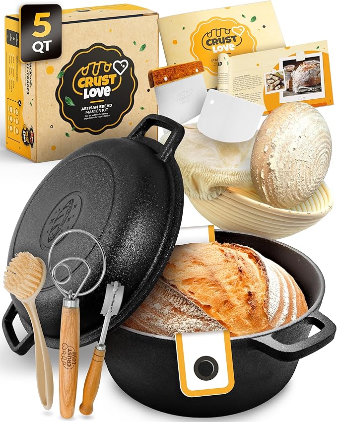 CRUSTLOVE Cast Iron Dutch Oven for Bread Baking - incl. Sourdough Bread-Baking Supplies like Banneton Bread-Proofing Basket - 5QT Bread-Oven with Lid Bread-Making Kit Pan, Pot, Sour Sough Tools, Lame by CRUSTLOVE