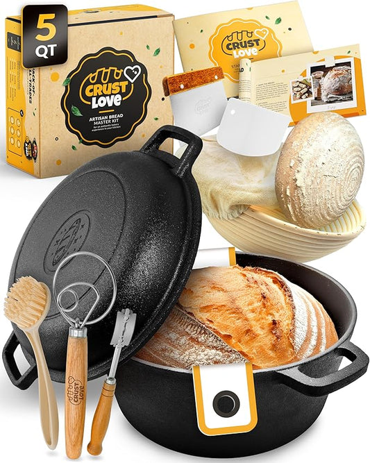 CRUSTLOVE Cast Iron Dutch Oven for Bread Baking - incl. Sourdough Bread-Baking Supplies like Banneton Bread-Proofing Basket - 5QT Bread-Oven with Lid Bread-Making Kit Pan, Pot, Sour Sough Tools, Lame by CRUSTLOVE