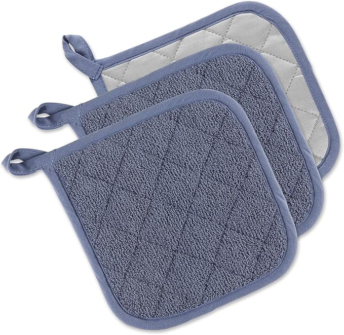 DII Basic Terry Collection Quilted 100% Cotton, Potholder, Stonewash Blue, 3 Piece by DII