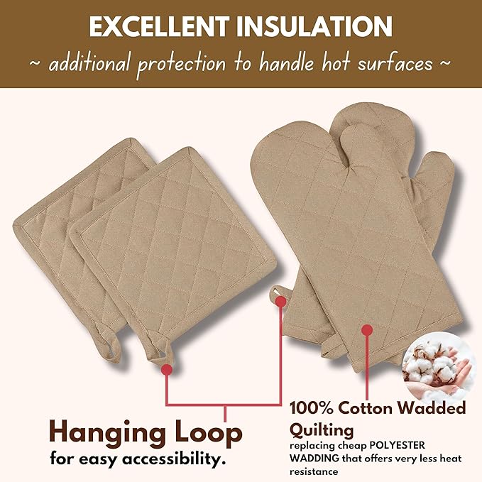 Native Fab Pot Holders and Oven Mitts Sets for Kitchen Heat Resistant- Hanging Non-Slip - 100% Cotton Oven Mitts and Pot Holders 4-Piece Set- Beige - Image 5