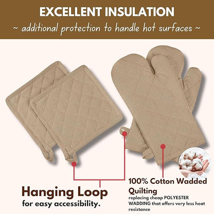 Native Fab Pot Holders and Oven Mitts Sets for Kitchen Heat Resistant- Hanging Non-Slip - 100% Cotton Oven Mitts and Pot Holders 4-Piece Set- Beige - Image 5