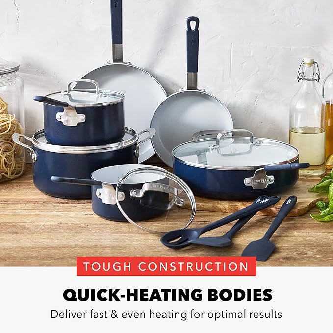 GreenPan x Bobby Flay 13 Piece Nonstick Cookware Pots and Pans Set, PFAS-Free Diamond Ceramic, Induction Suitable, Easy Clean Dishwasher & Oven Safe, Stay-Cool Silicone Handles, Glass Lids, Navy Blue - Image 5