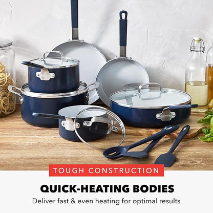 GreenPan x Bobby Flay 13 Piece Nonstick Cookware Pots and Pans Set, PFAS-Free Diamond Ceramic, Induction Suitable, Easy Clean Dishwasher & Oven Safe, Stay-Cool Silicone Handles, Glass Lids, Navy Blue - Image 5