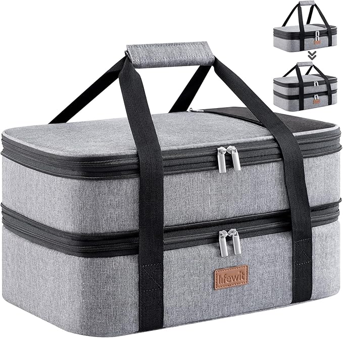 Lifewit Insulated Double Decker Casserole Carrier, Expandable Lasagna Lugger Tote Bag for Hot or Cold Food, Fits 9" x 13" Baking Dish for Potluck Parties, Picnic and Cookouts, Grey