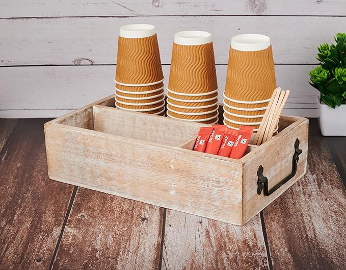 Coffee Station Organizer, Bar Farmhouse Cup Coffee Pod Holder with Handle, Storage Bin for Coffee Tea Bag Stirrer Accessories Organizer for Countertop (White)