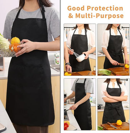 Tosewever 4 Pack Adjustable Bib Apron Waterdrop Resistant Apron with Pocket, Cooking Kitchen Restaurant Aprons for Women Men Chef, BBQ Drawing Crafting Outdoors (Polyester-Black, 4)