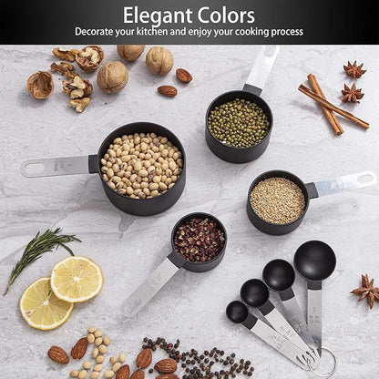 Measuring Cups and Spoons Set of Huygens Kitchen Gadgets 10 Pieces, Stackable Stainless Steel Handle Measuring Cups for Measuring Dry and Liquid Ingredient (Black) - Image 6