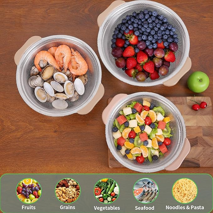 Colander Set with Plastic Handles, Stainless Steel Micro-Perforated Colanders Strainers for Draining Rinsing Washing, Ideal for Pasta Vegetables Fruits, Heavy Duty & Dishwasher Safe - Image 6