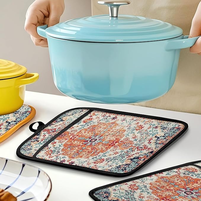 Rustic Vintage Boho Pot Holders for Kitchen, Abstract Orange Blue Boho Ethnic Floral Botanical Heat Resistant Hot Pads and Oven Mitts for Baking Cooking - Image 5