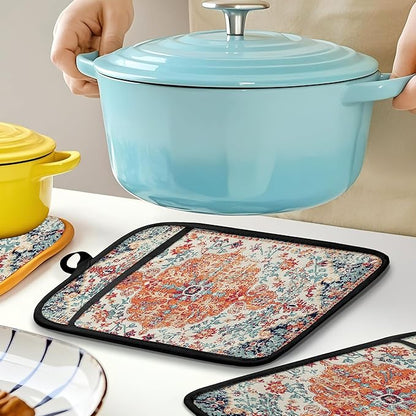 Rustic Vintage Boho Pot Holders for Kitchen, Abstract Orange Blue Boho Ethnic Floral Botanical Heat Resistant Hot Pads and Oven Mitts for Baking Cooking - Image 5