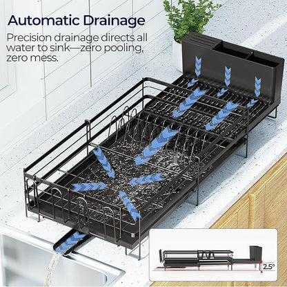 Large Dish Drying Rack, Expandable Dish Rack for Kitchen Counter, Dishrack with Drainboard Set, Multifunctional Dish Drainer with Utensil Holder & Cup Holder, Black