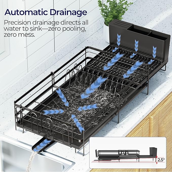 Large Dish Drying Rack, Expandable Dish Rack for Kitchen Counter, Dish Drainer with Drainboard Set, Multifunctional Dishrack with Utensil & Cup Holder, 13.4"-28.7" L x 11.8" W x 7.8" H, Black - Image 4