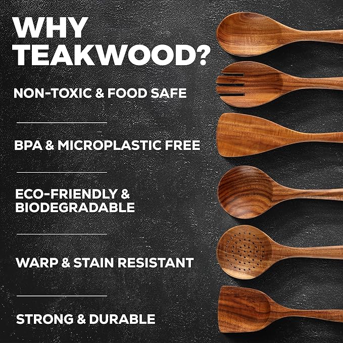 Zulay Kitchen 6 Piece Wooden Spoons for Cooking – Natural Teak Wooden Utensil Set, Easy to Clean, Durable, Smooth with Comfort Grip - Non Toxic Wooden Cooking Utensil Sets - Image 4