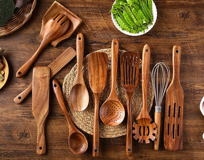 Wooden Kitchen Utensils Set, 11 Pcs Teak Wood Cooking Utensils Spoons Spatulas Spurtles Kit Non-stick Natural Kitchen Tools for Cooking