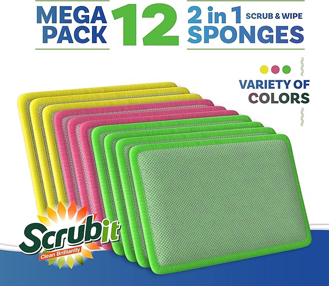 SCRUBIT - [12 Pack] Scrub and Wipe Cleaning Pads – Dual Sided Scouring Pad and Dish Sponge -Reusable Kitchen Sponge for Pots, Pans Utensils & Non-Stick Cookware - Assorted Color Dishwashing sponges - Image 5