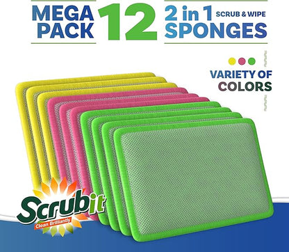 SCRUBIT - [12 Pack] Scrub and Wipe Cleaning Pads – Dual Sided Scouring Pad and Dish Sponge -Reusable Kitchen Sponge for Pots, Pans Utensils & Non-Stick Cookware - Assorted Color Dishwashing sponges - Image 5