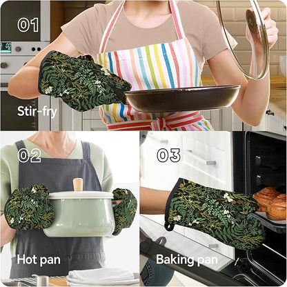 Botanical Print Floral Oven Mitts and Pot Holders Sets Black Sage Green Leaves Kitchen Oven Gloves Hot Pads Farmhouse Potholders and Kitchen Mitts 4Pcs for Baking Cooking BBQ (Black)