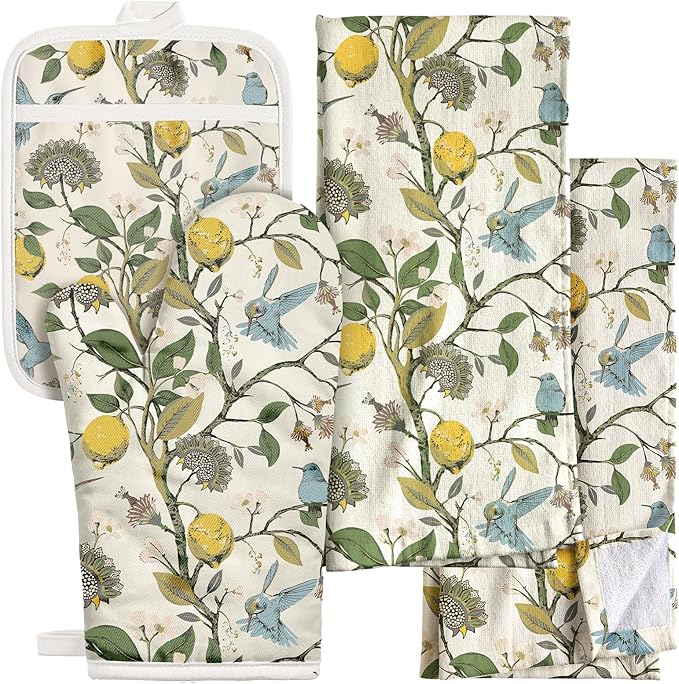 Miss Adola 270 GSM Cotton Kitchen Towels, Oven Mitt and Pot Holder - 4 Pack Kitchen Decor and Accessories Set Spring Cute Farmhouse Boho Quilted Lining Heat Resistant Set with Hanging Loop, Lemon Bird by MissAdola