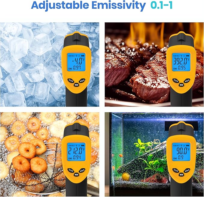 Etekcity Infrared Thermometer Laser Temperature Gun 774, Meat Food Candy Oven Thermometer for Griddle Accessories, Heat Gun for Cooking Refrigerator Tools, Adjustable Emissivity & Max Measure, Yellow - Image 5