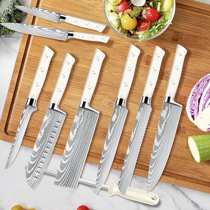 MDHAND Chef Knife Set with Roll Bag, 9PCS Professional Knife Set with Sharpener, High Carbon Stainless Steel Japanese Kitchen Knife Set - Forged Triple Rivet Handle, Dishwasher Safe, Chef Gifts, White