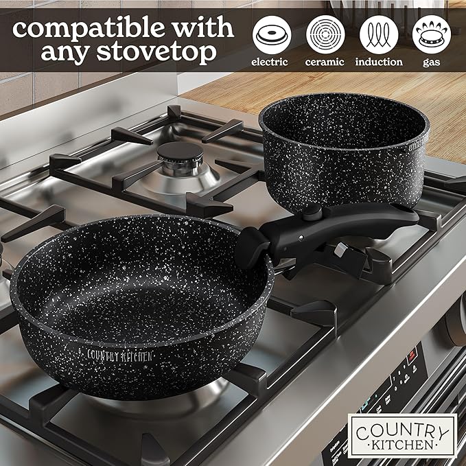 Country Kitchen Cookware Set with Removable Handle, Oven & RV Safe Pots and Pans Set, Black, Original - Image 6
