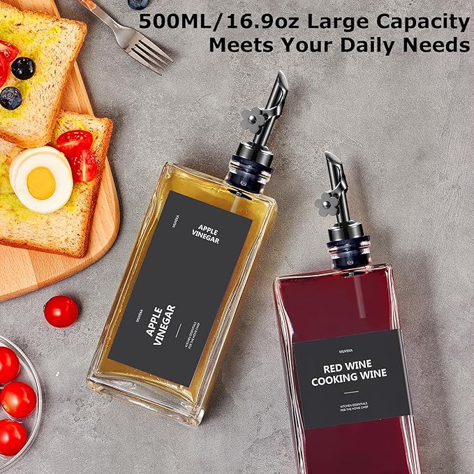 Olive Oil Dispenser Bottle for Kitchen, 16.9 oz/ 500 ml Vinegar Dispenser, Cooking Oil Dispenser Set, Glass Cruet with Pourer Spouts for Vinegar, Coffee Syrup Dispenser