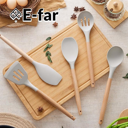 E-far Silicone Cooking Utensils Set, 5-Piece Kitchen Utensils Set with Wooden Handle for Cooking, Silicone Kitchen Nonstick Tools Spatula Turner Slotted Spoons, Nontoxic & Heat Resistant-Khaki - Image 7
