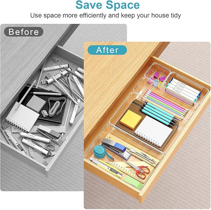 Manalete Drawer Organizers Set of 12, 4 Sizes Clear Plastic Drawer Organizers and Storage Bins for Kitchen, Bathroom, Office, Dresser Desk Drawer Organizer Tray for Jewelry, Makeup, Junk, Gadgets - Image 3