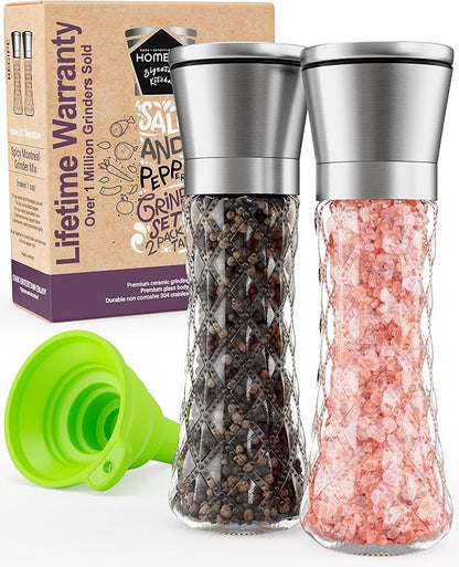 Home EC Original Stainless Steel Sea Salt and Pepper Grinder Set of 2 - Adjustable Ceramic Grinder - Diamond Pattern Glass - Salt and Pepper Shakers - Kitchen Spice Mill - Modern Kitchen Accessories by HOMEEC