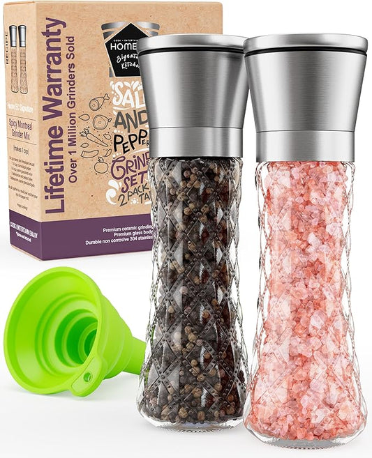 Home EC Original Stainless Steel Sea Salt and Pepper Grinder Set of 2 - Adjustable Ceramic Grinder - Diamond Pattern Glass - Salt and Pepper Shakers - Kitchen Spice Mill - Modern Kitchen Accessories by HOMEEC