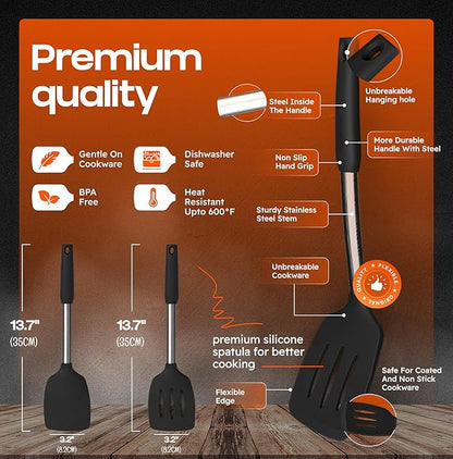 BakeRoyal Silicone Spatula Set - Turner Spatulas Silicone Heat Resistant 600°F - Slotted & Solid Spatula for Cooking Fish, Eggs, Pancakes Flipper – Spatulas for kitchen use – Black - Image 2